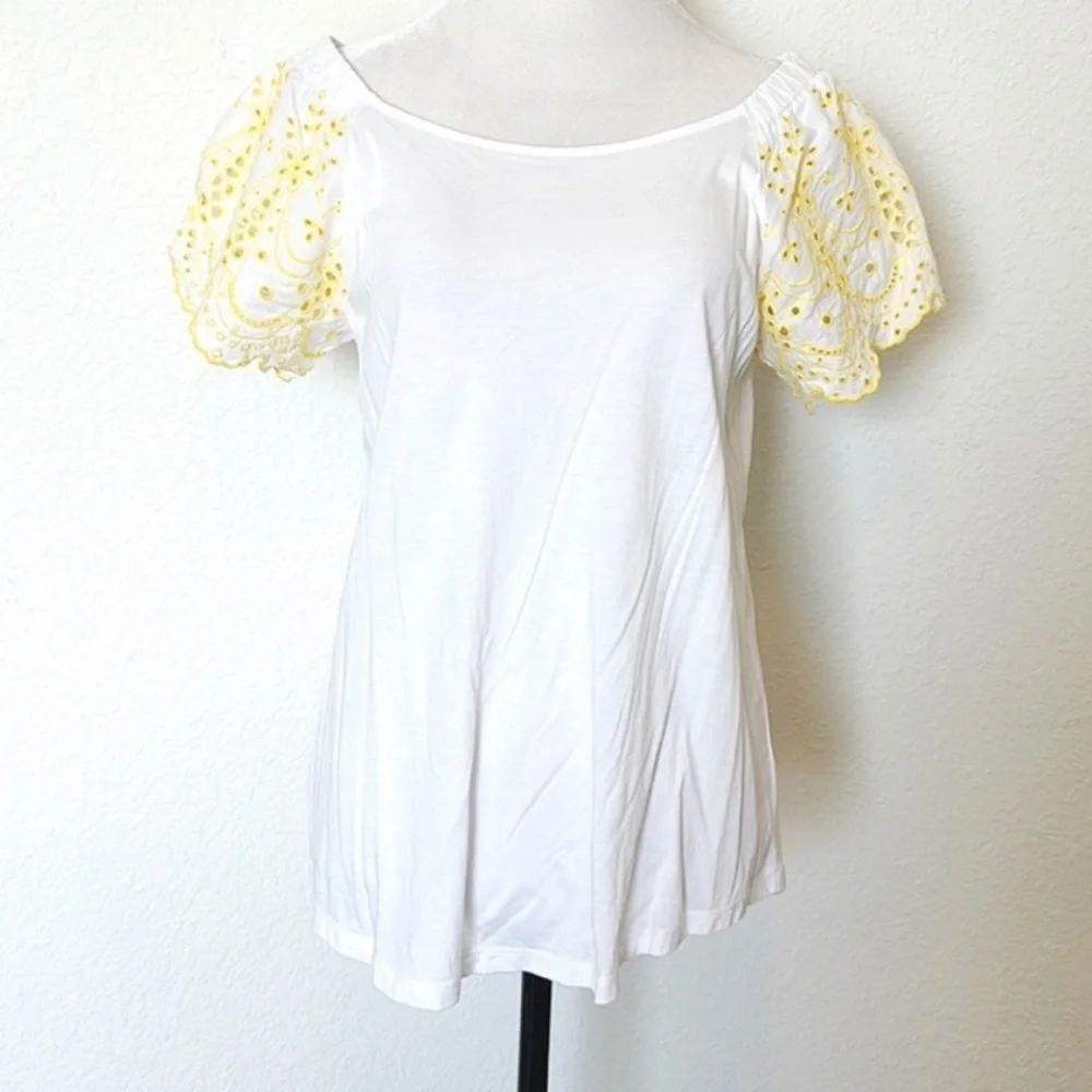 LOFT • White Yellow Embroidered Eyelet Flutter Sleeve Top